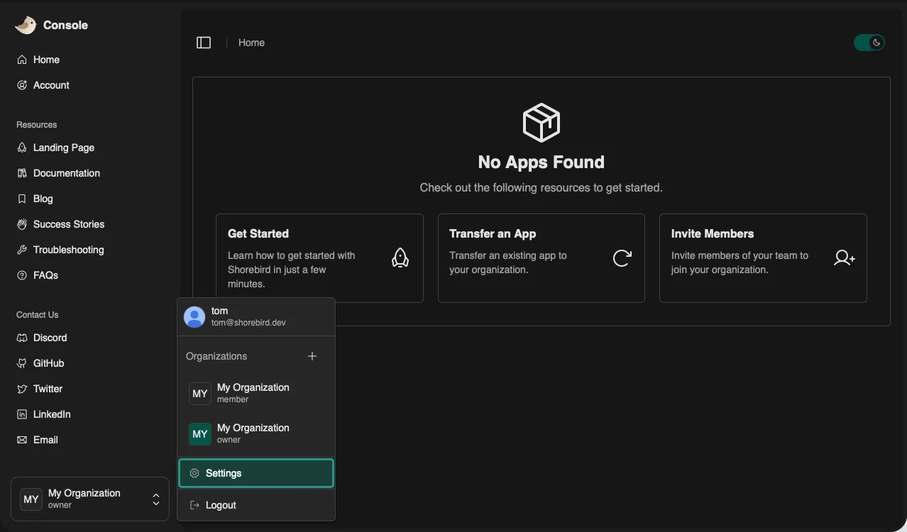 Screenshot of how to get to Organization settings in the Patchwing Console