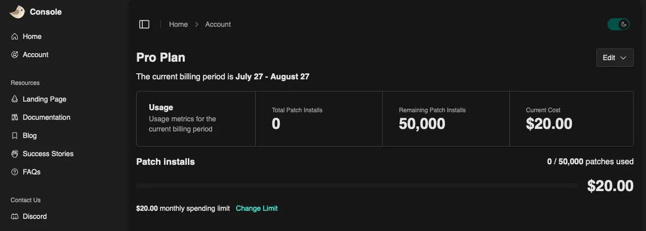 Screenshot of Patchwing Console showing a Pro account with a $20 spending limit