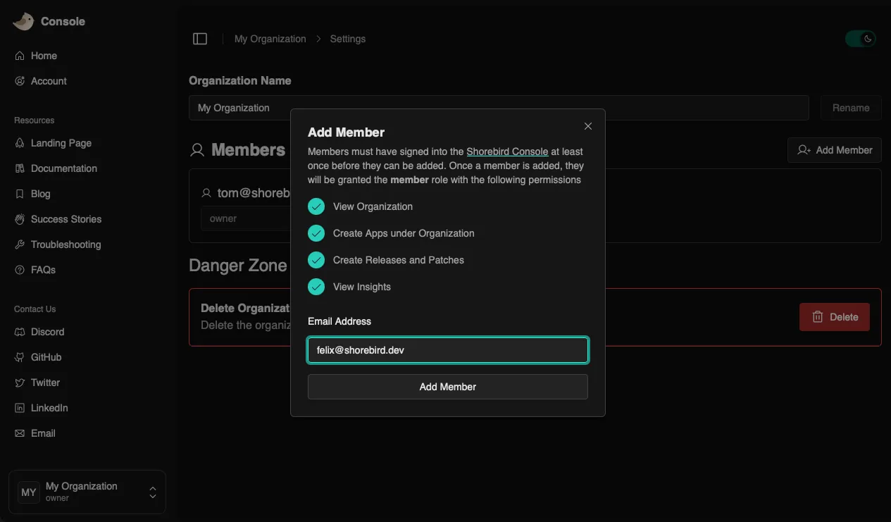 Screenshot of how to get to add a member to an Organization in the Patchwing Console