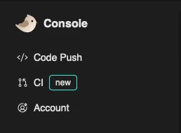 Screenshot of the Patchwing Web Console showing the CI item in the navigation panel.