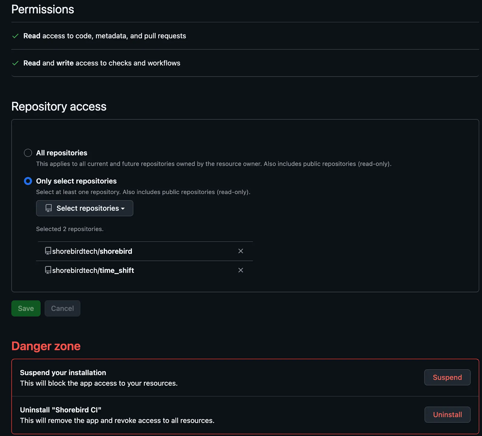 Screenshot of the Patchwing CI GitHub Applications settings