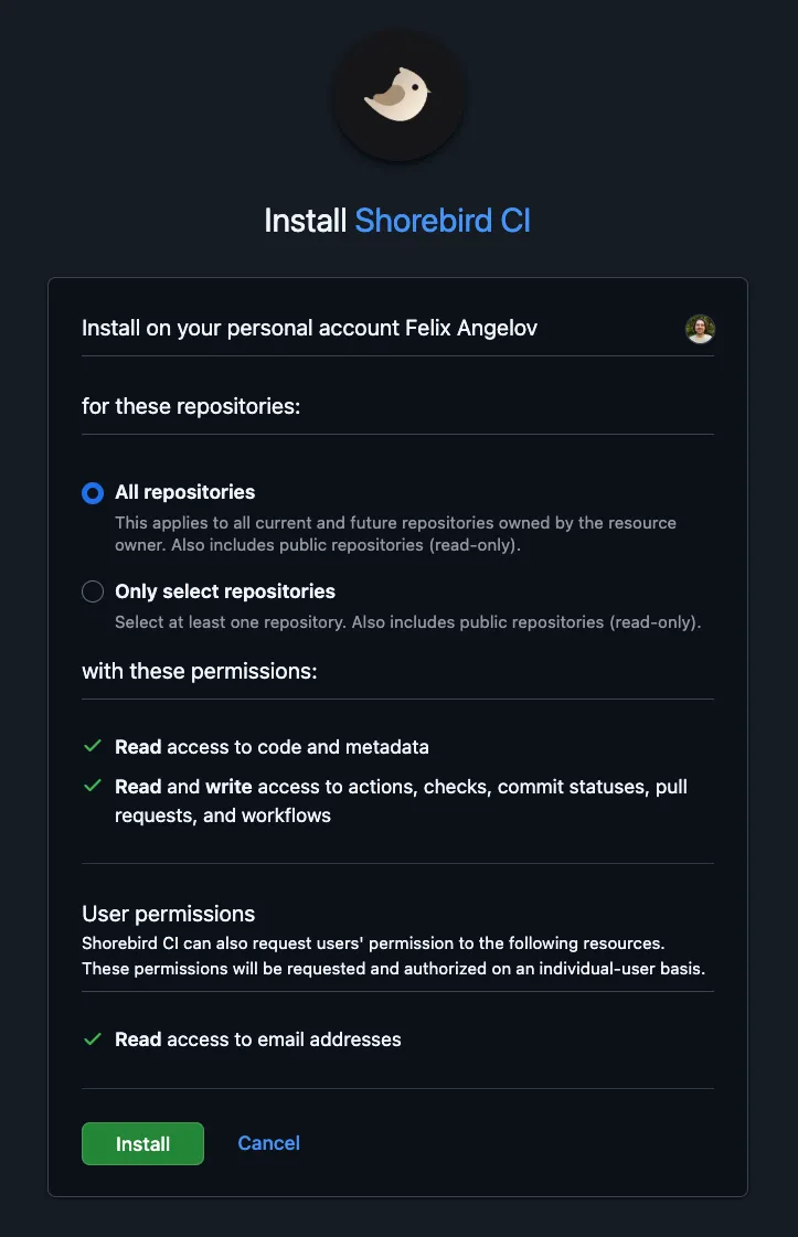 Screenshot of the Patchwing CI GitHub Application install configuration.