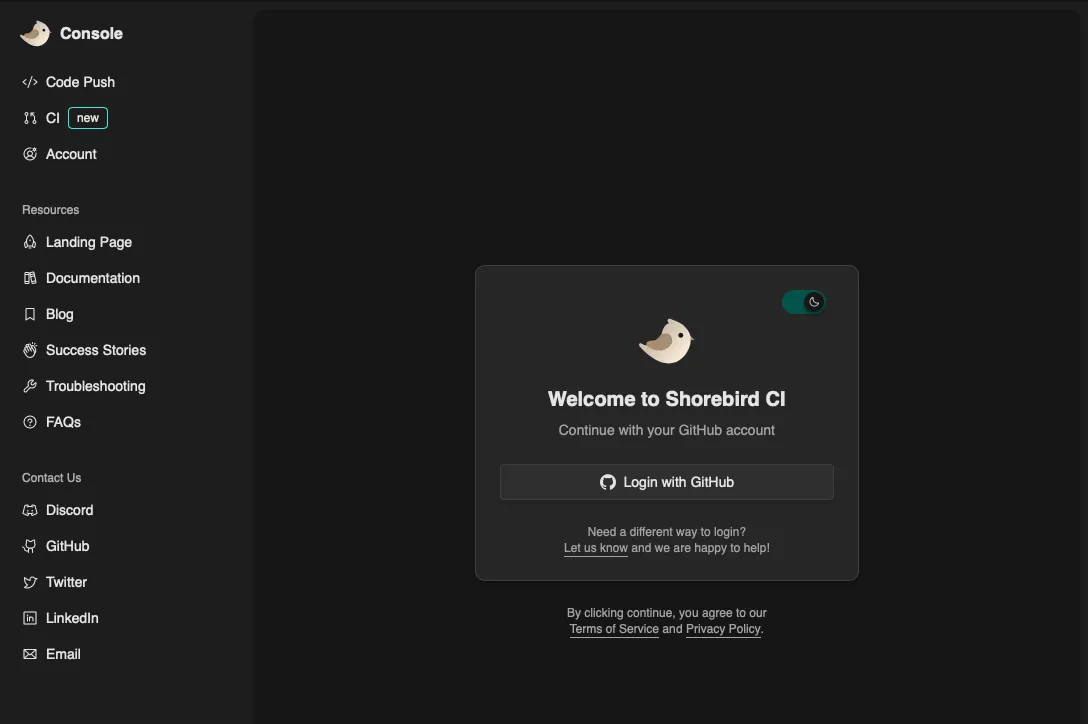 Screenshot of the Patchwing Web Console prompting the user to login with their GitHub account.