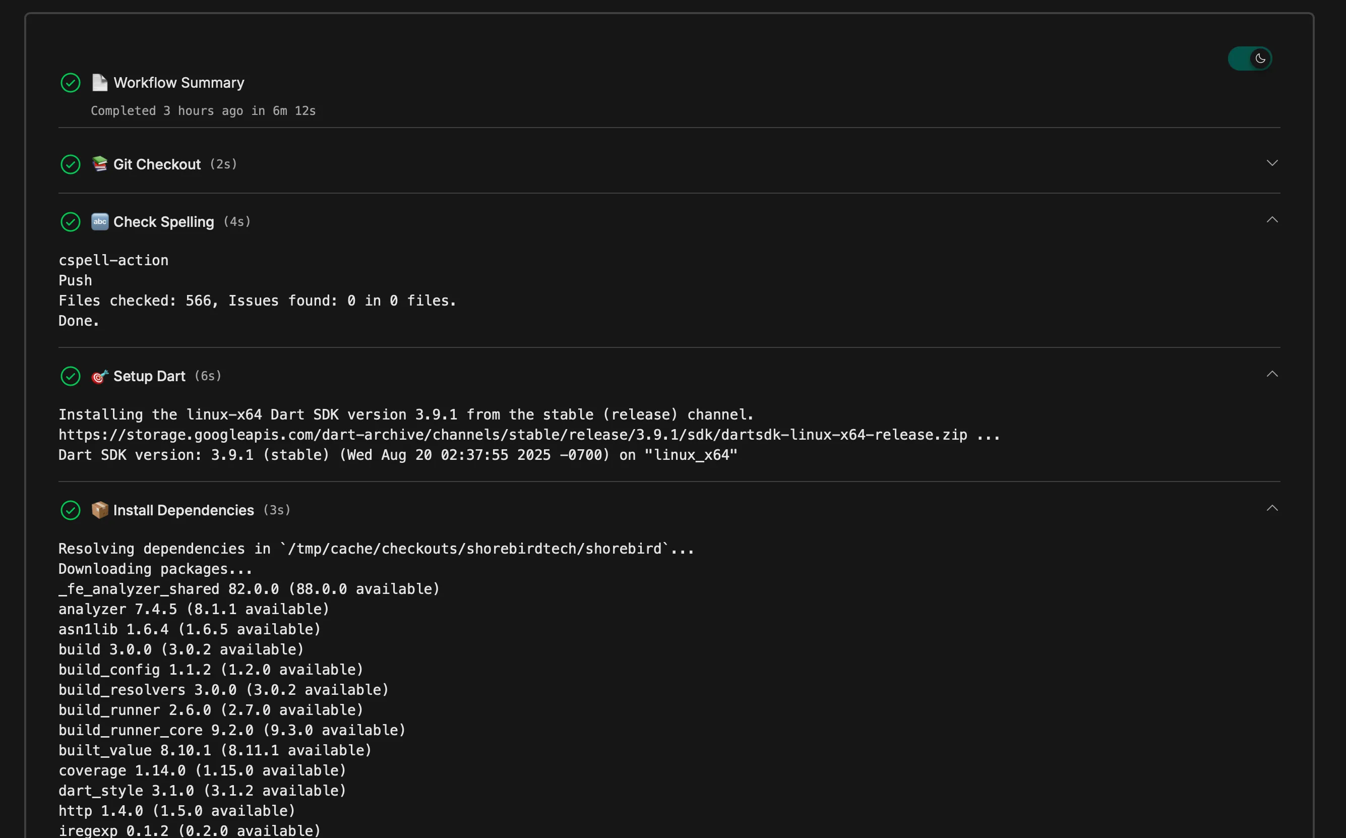 Screenshot of the details of a Patchwing CI run via the Patchwing CI Web Console