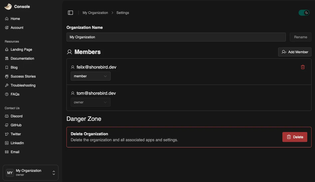 Screenshot of successfully adding a member to an Organization in the Patchwing Console