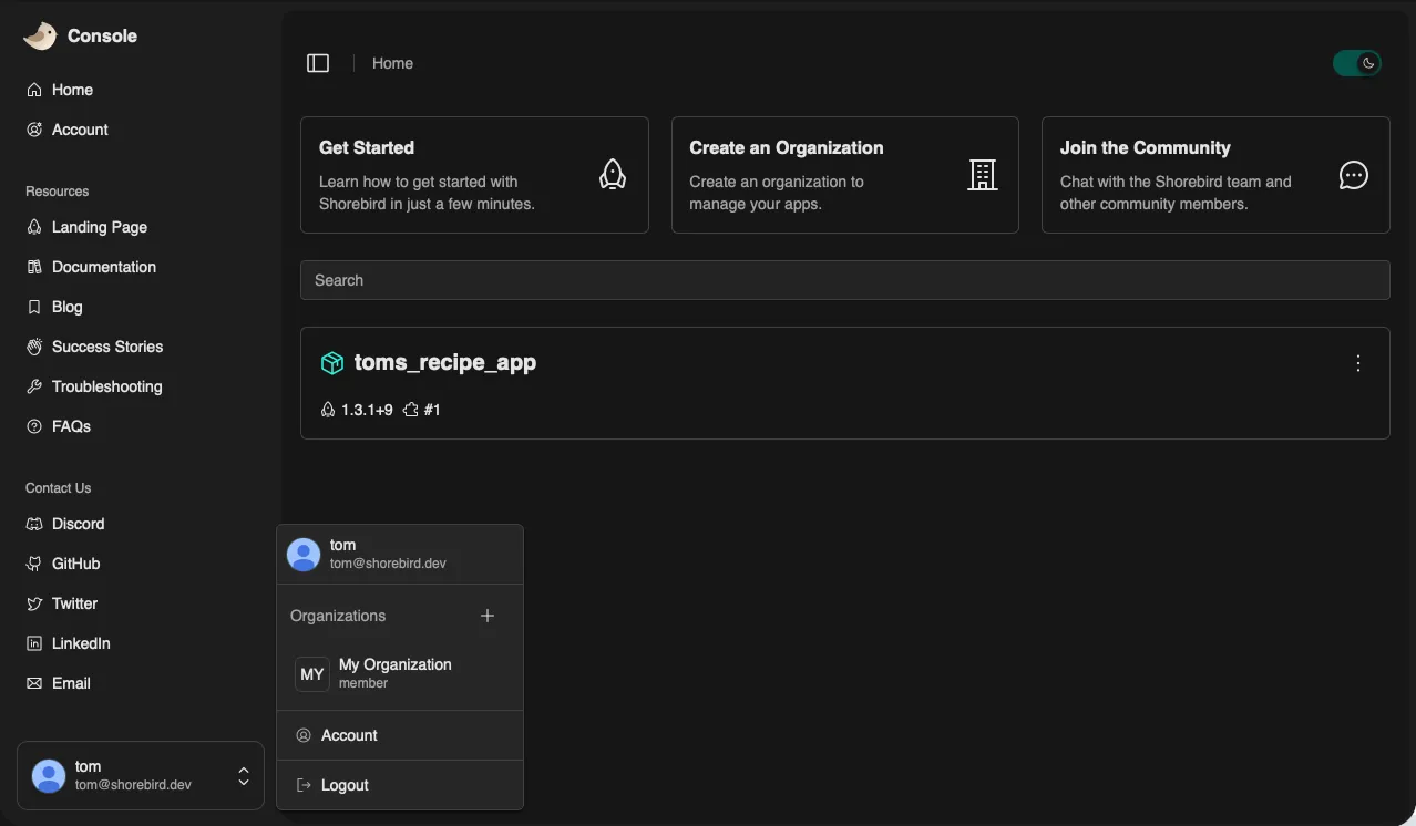 Screenshot of where to start the creation of an organization in the Patchwing Console