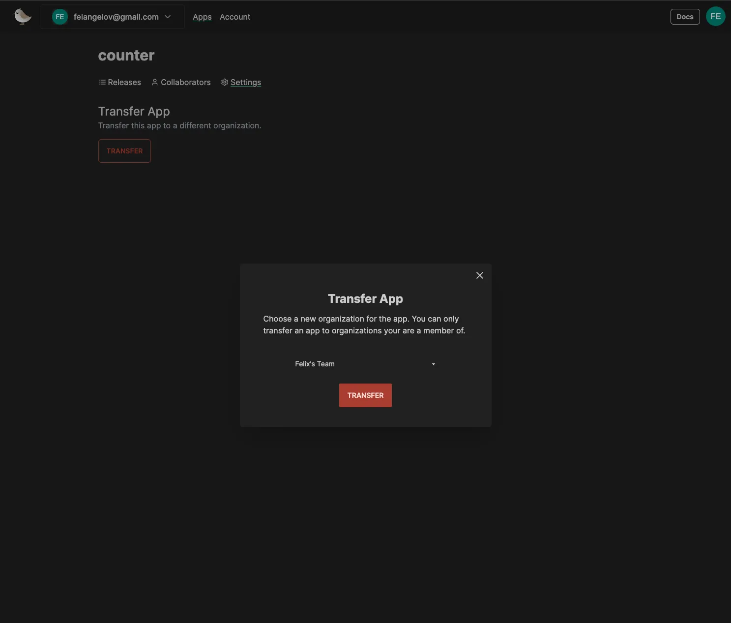 Screenshot of dialog for transferring app to a different org in the Patchwing Console